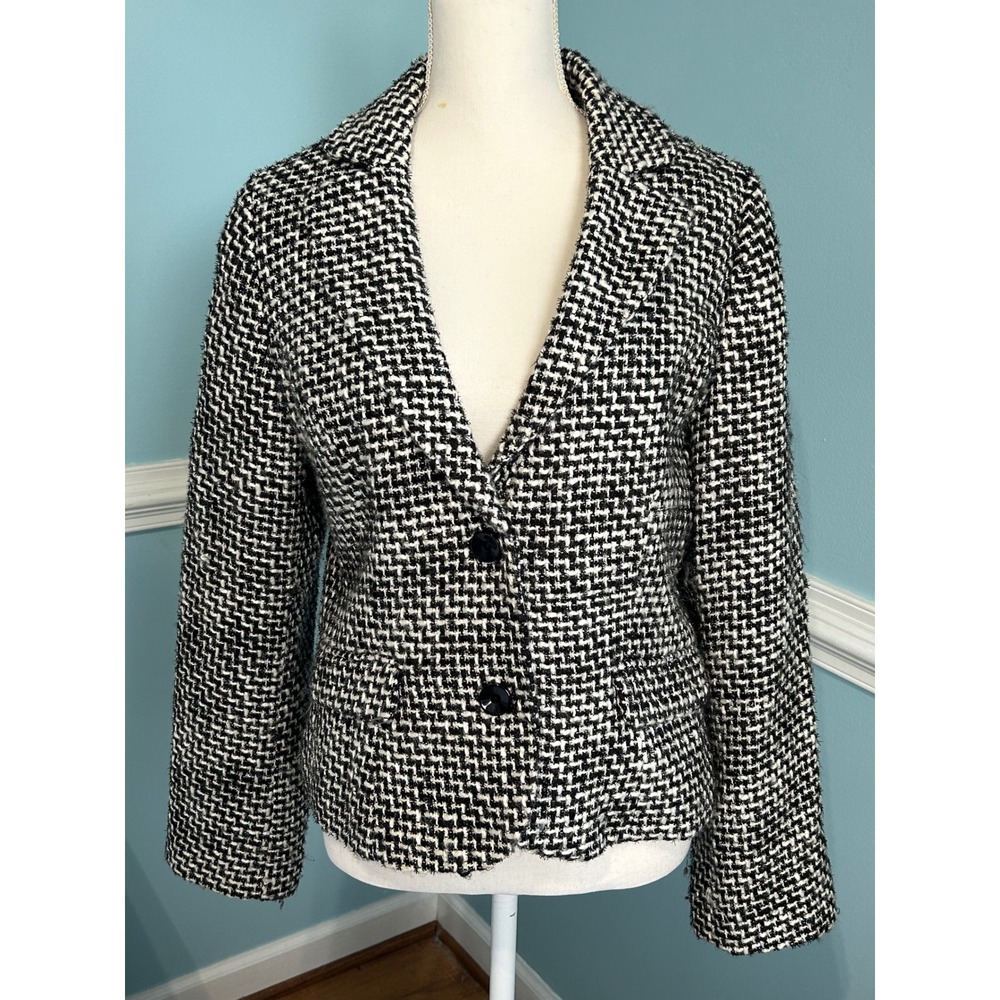 AB Studio Black White Tweed Blazer Jacket Metallic Accents Size 14